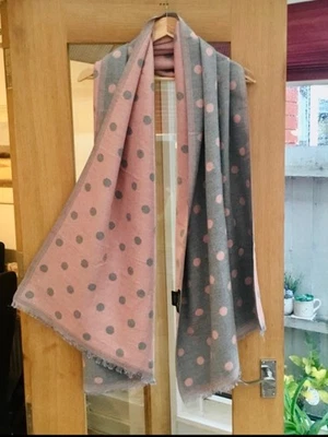 New Cerulean Wool Mix Oversized Reversible Scarf Super Soft Grey Pink Polka Dot - Image 1 of 4
