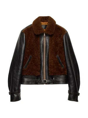 Men's Black Leather & Faux Shearling Jacket Brown Fur Trim Zipped Aviator Bomber - Image 1 of 4