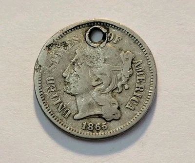 1865 Nickel 3 Cent Piece-Holed - Image 1 of 2