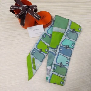 Hermes Twilly Green Blue Silk Ribbon Used 2x for Shirt Accessory - Picture 1 of 5