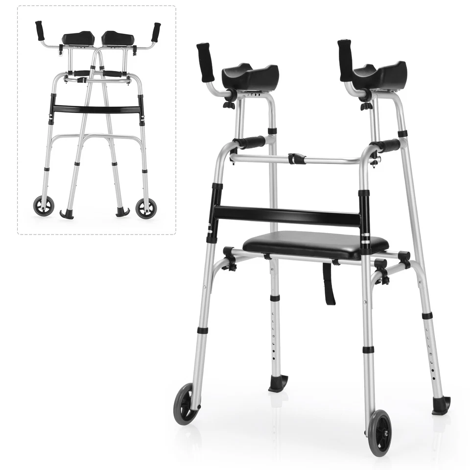 Costway Foldable Aluminum Alloy Walker Wheel Walking Frame W/ Seat & TD10008