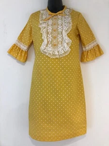 Vtg TWIGGY MOD GO-GO Mini Dress Canary Yellow Polka Dots Bib Lace M 8 - Picture 1 of 12