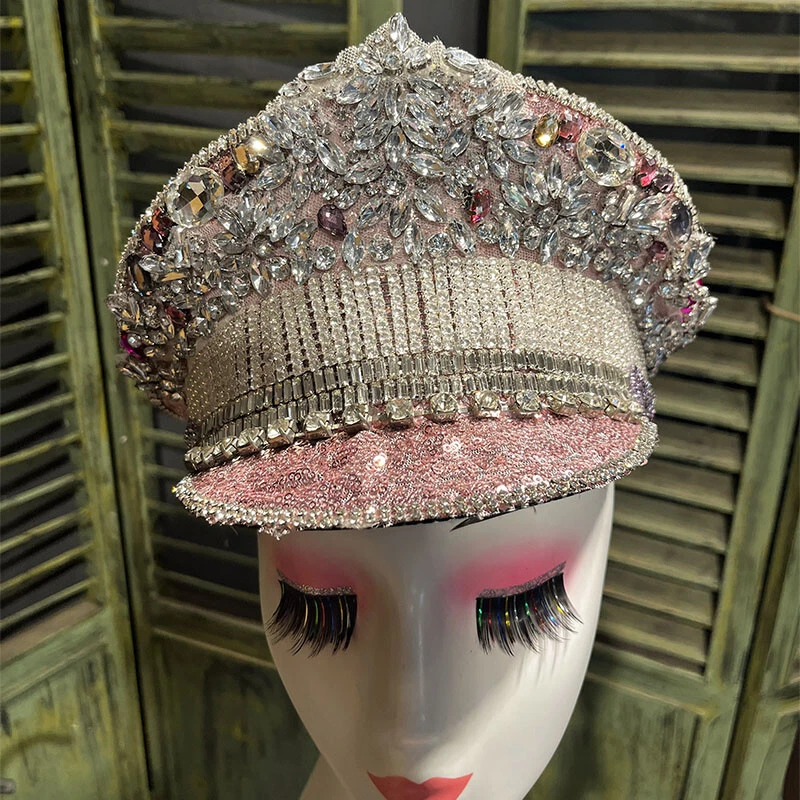 Women Crystal Diamante Sequin Beaded Military Captain Hat Cap Steampunk Cosplay - Image 1 of 4