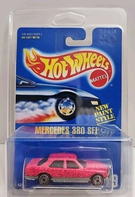 Hot Wheels Mercedes 380 SEL, MTFLK Pink, UH Wheels, #229, Blue Card, 1/64 - Image 1 of 4
