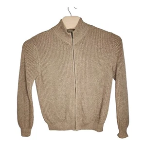 LL Bean Mens Full Zip Ribbed Chunky Sweater Beige Brown Size M Cotton Mock Neck - Picture 1 of 7