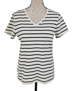 L.L. BEAN Short Sleeve Top Size XS Cream Navy Stripe Cotton Beach - Picture 1 of 11