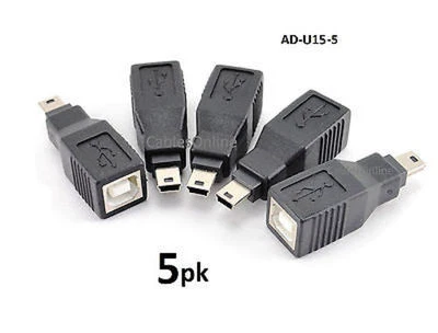 5-PACK USB 2.0 Mini-B 5-Pin Male to USB B Female Converter Adapter, AD-U15 - Image 1 of 3
