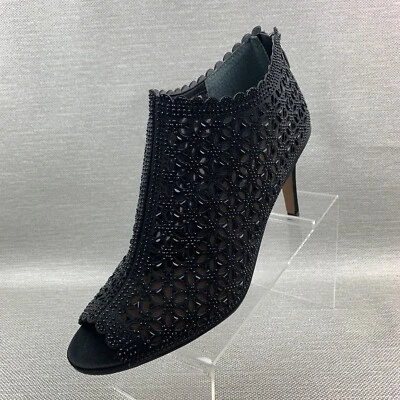J. Renee Radita Booties Black Bead Peep Round Toe Zip Heels Size 11M - Image 1 of 4
