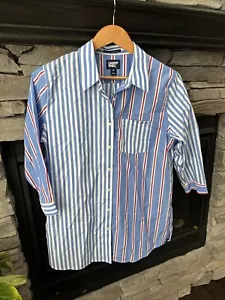 Camisa Lands' End Talla 10 Azul Rojo Blanco Rayas Algodón Abotonada Sin Hierro Para Mujer - Imagen 1 de 14