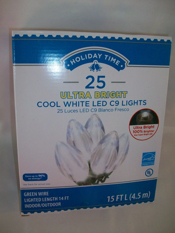 Holiday Time 25 Ultra Bright LED C9 Bulb Christmas Lights Warm White 15' New - Image 1 of 3