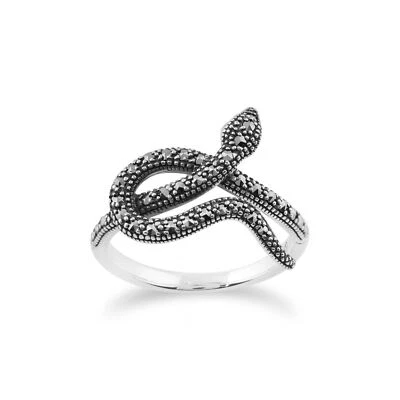 Art Nouveau Stile Rotondo Marcasite Serpente Wrap Anello IN 925 Argento Sterling - Immagine 1 di 4