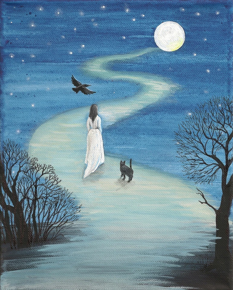 ACEO PRINT OF PAINTING RYTA BLACK CAT CROW WICCA GOTHIC HALLOWEEN GHOST WITCH