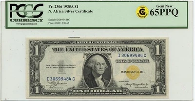 1935A $1 N. Africa Silver Certificate FR#2306 PCGS GEM 65 PPQ GCC Gold - Image 1 of 2
