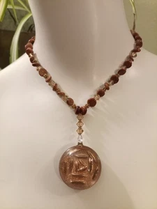 Y Drop Goldstone Necklace W/Faceted Crystal&Brass Filagree Balls& Glass Pendant - Picture 1 of 10
