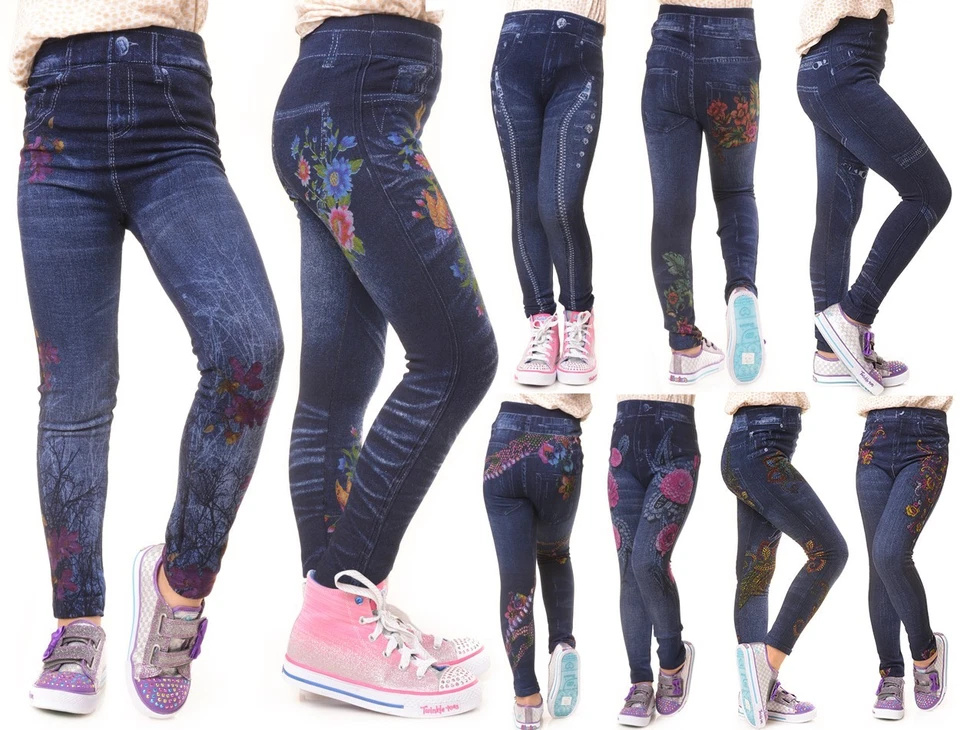 Girls  Fleece Lined Leggings Kids Denim Print Stretch Pull-On Jeggings - Image 1 of 4