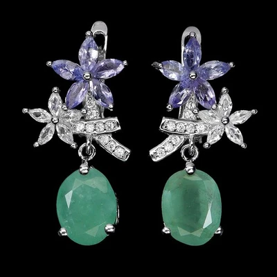 925 Sterling Silver Earrings Pear Emerald 9x7mm Tanzanite Gemstone Jewelry - Image 1 of 4