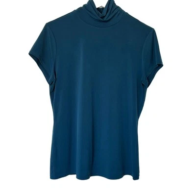 Alfani Wms Med Mock Neck Teal Blue Jersey Knit Top Layering Minimalist Career - Image 1 of 4