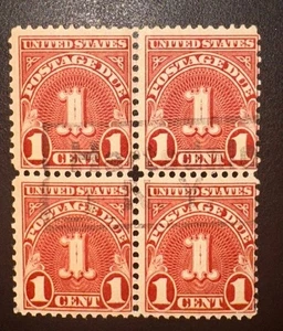 1931-56 U.S. 1c Postage Due Four Block, Carmine, J80, Pre-cancelled, Not Used - Picture 1 of 3