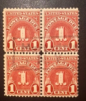 1931-56 U.S. 1c Postage Due Four Block, Carmine, J80, Pre-cancelled, Not Used - Image 1 of 3