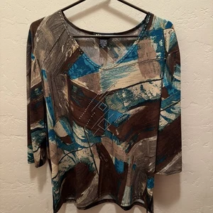 Valentina Womens Top 3/4-Sleeve Embellished Rhinestones Geometric Blouse Size XL - Picture 1 of 7