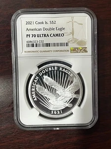 2021 COOK ISLANDS AMERICAN DOUBLE EAGLE Silver $2 NGC PF 70💥FLAWLESS QUALITY💥 - Picture 1 of 2