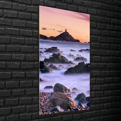 Wandbilder Glasbilder XXL 70x140 Insel Felsen Steine Leuchtturm Meer Nebel - Bild 1 von 4