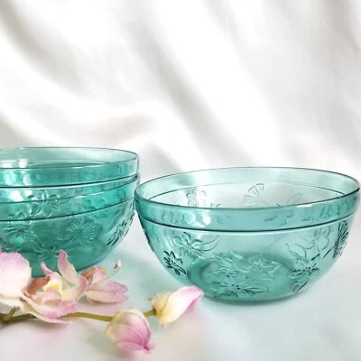 3 Floral Embossed Plastic Cereal or Salad Bowls Teal - Image 1 of 4