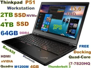 Workstation Lenovo P51 i7 Quad-Core 6TB NVMe SSD 64GB 15.6 FHD M1200M-4GB Dock - Picture 1 of 13