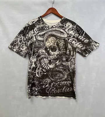 Camisa Xtreme Couture Para Hombres XL Negra Beige Esqueleto Serpiente Estampado AOP Foto 1 de 4