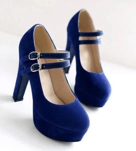 Zapatos de salón para mujer con plataforma de gamuza sintética con hebilla y correa punta redonda - Imagen 1 de 20