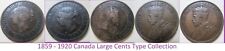 1859 - 1920 Set of Canada Large Cents Type Collection. Five Large Pennies