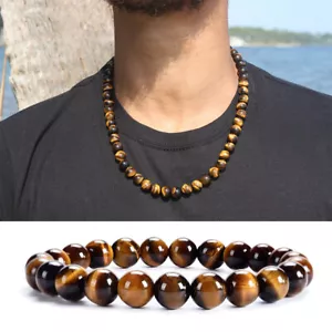 8mm Tiger Eye Stone Beaded Necklace Men Meditation Yoga Natural Stone Bracelets - Picture 1 of 17