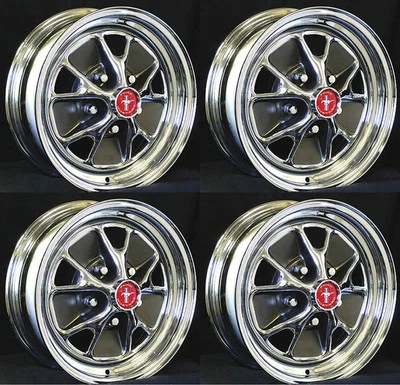 New 1965 1966 Mustang Style Styled Steel GT Wheels 15x7 Complete set Caps & Nuts - Image 1 of 4