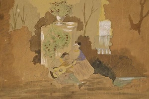 Aquarelle originale ovale début XX° Couple dans un parc guitariste romance - Foto 1 di 1