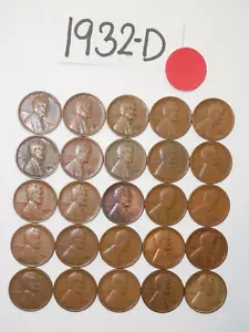 1932-D CENT ROLL SOLID DATE = 25 LINCOLN WHEAT PENNIES (8+ ITEMS SHIP FOR FREE) - Picture 1 of 2