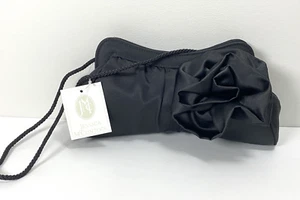Jessica McClintock Black Satin Clutch Strap Evening Bag Satin Rosette Prom - Picture 1 of 9