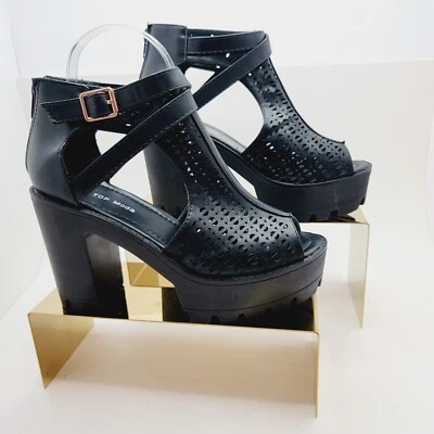 Top Moda Womens Black Platfom Peep Toe Cage Faux Leather Size 7 - Image 1 of 4