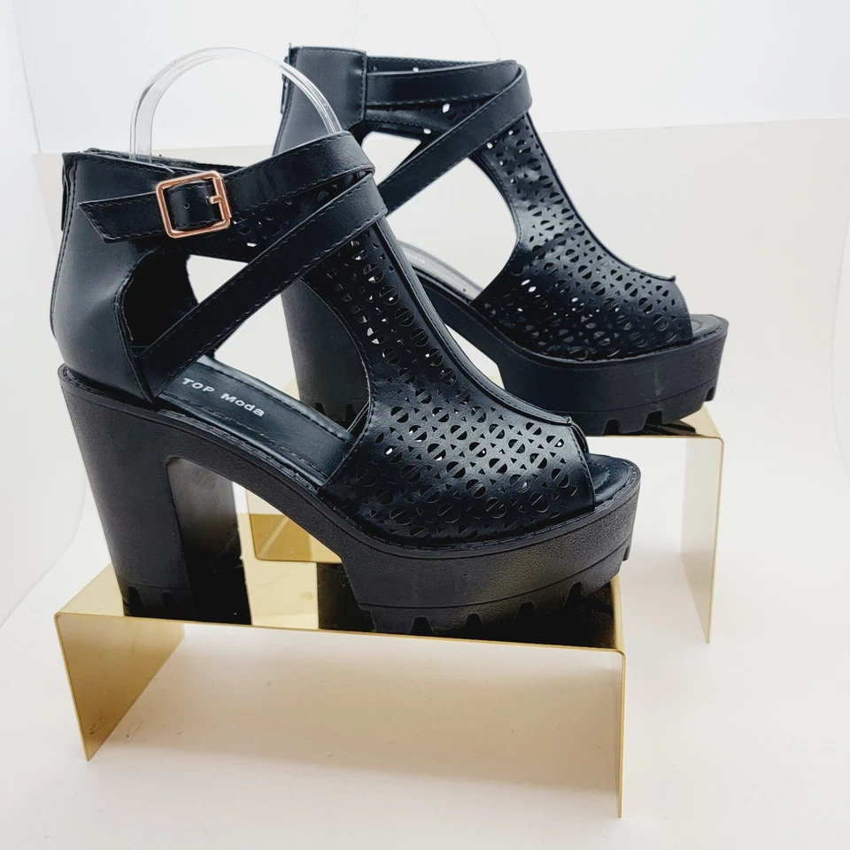 Top Moda Womens Black Platfom Peep Toe Cage Faux Leather Size 7 - Image 1 of 4