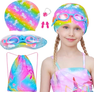 Kids Swim Caps for Girls Long and Short Hair, Child Toddler Teens Silicone - Picture 1 of 12
