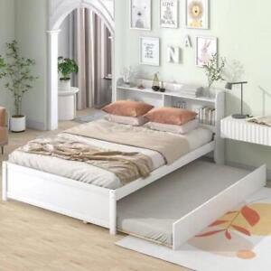 Full Size Daybed with Trundle Solid Wood Sofa Bed Platform Bed Frame w/ Bookcase