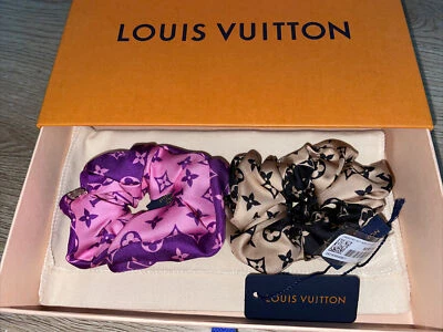 Louis Vuitton Vuittamins Scrunchies hair tie Silk NEW Set Of 2 Beige Violet - Image 1 of 4