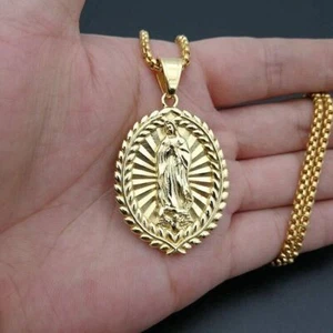 Stainless Steel Amulet Gold Plated Virgin Mary Necklace Pendant Jewelry Gift - Picture 1 of 6