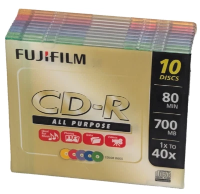 FUJIFILM CD-R All Purpose 10 Pack Color Discs 80min 700mb 1x to 40x Music Data - Image 1 of 4