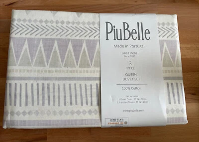 NEW Piu Belle 3pc Queen DUVET Cover Set Geometric on Cream 100% Cotton Portugal - Image 1 of 4