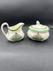 Vintage Spode CHRISTMAS TREE Sugar Bowl w/Lid and Creamer Set - England S3324 - Picture 1 of 14