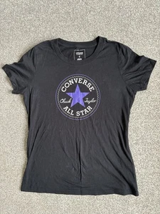 Women’s Black Converse T-shirt Size S UK Small Printed Motif To Chest - Picture 1 of 4