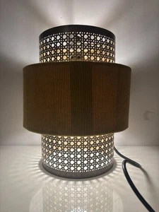 Vtg MCM Perforated Brass Mustard Yellow Corduroy Cylinder Pendant Light Fixture - Picture 1 of 9