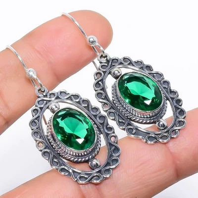 Pendiente de plata de ley 925 con piedras preciosas étnicas de diopsido cromado 2,0" b777 Foto 1 de 4