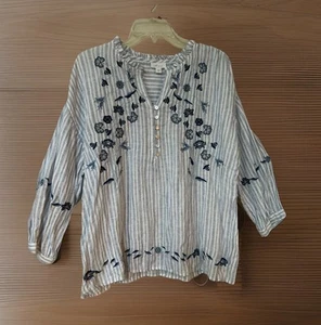 J Jill Love Linen Popover Top Blue ticking embroidered floral Sz Med V Neck - Picture 1 of 15