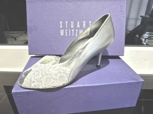 Stuart Weitzman Chantelle Silver Lace Jewel Peeptoe Elegant Formal Shoes Size 8 - Picture 1 of 9